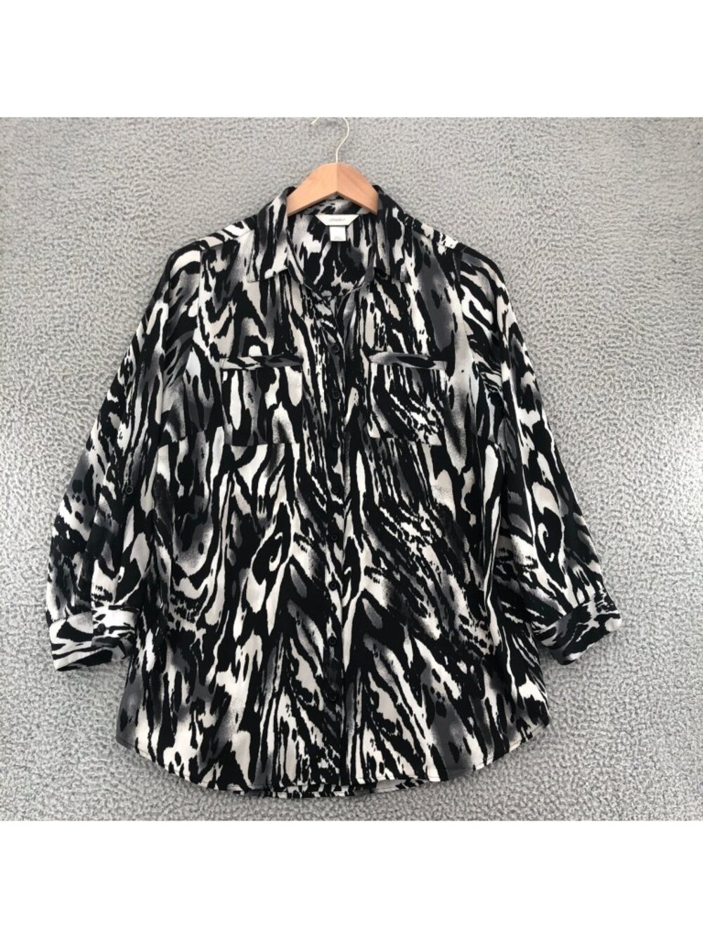 CJ Banks Top Womens X Plus Black Animal Print Button Up Collar Roll Tab Sleeves
